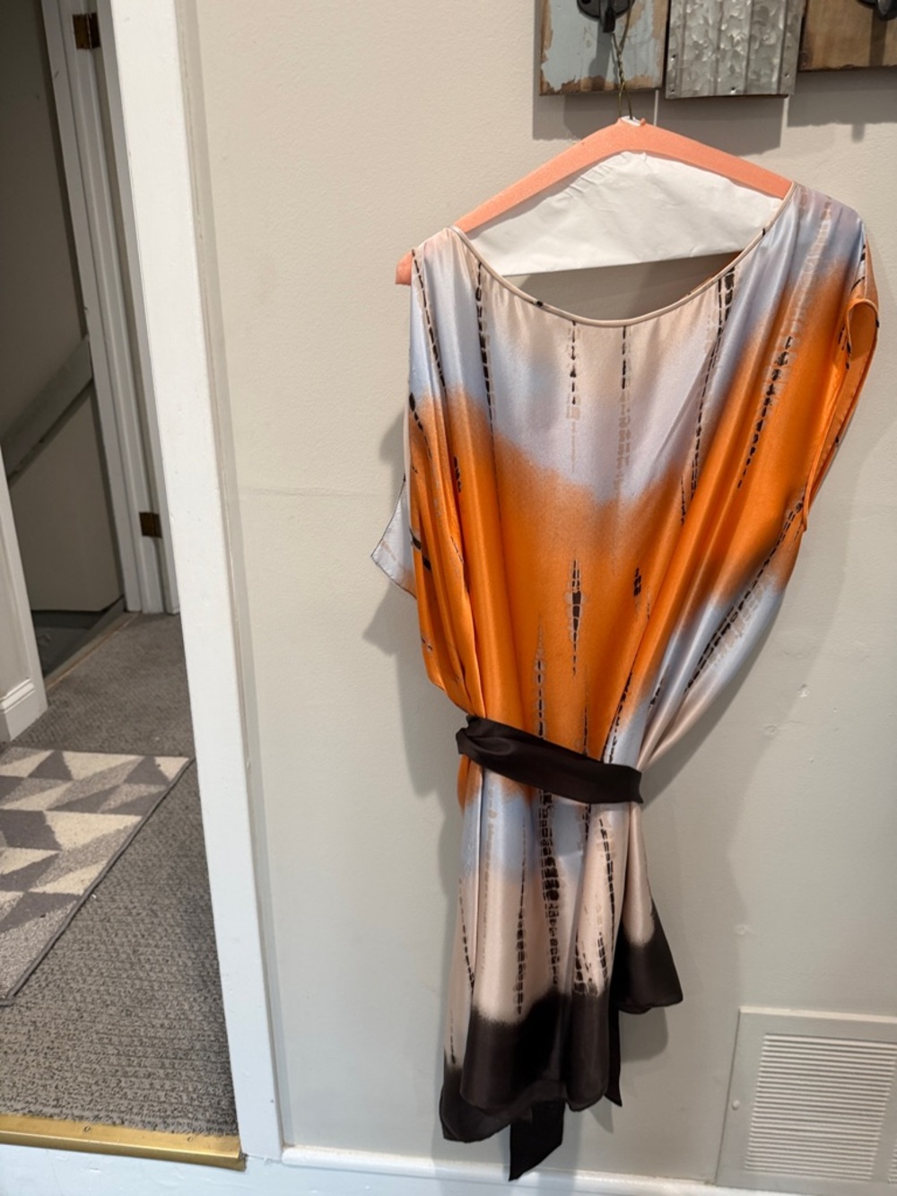 BCBGMaxAzria Orange, Cream & Black One-Shoulder Silk Dress
